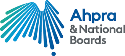 Logo of Ahpra & National Boards featuring a stylized graphic resembling a bird or abstract shape made from blue lines.